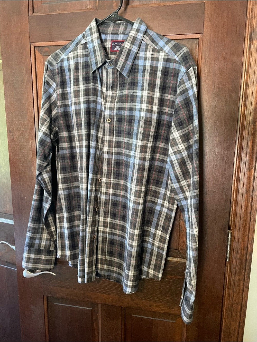 UNTUCKit Plaid Button-Up Shirt in Black, Gray & Light Blue with Red Accent